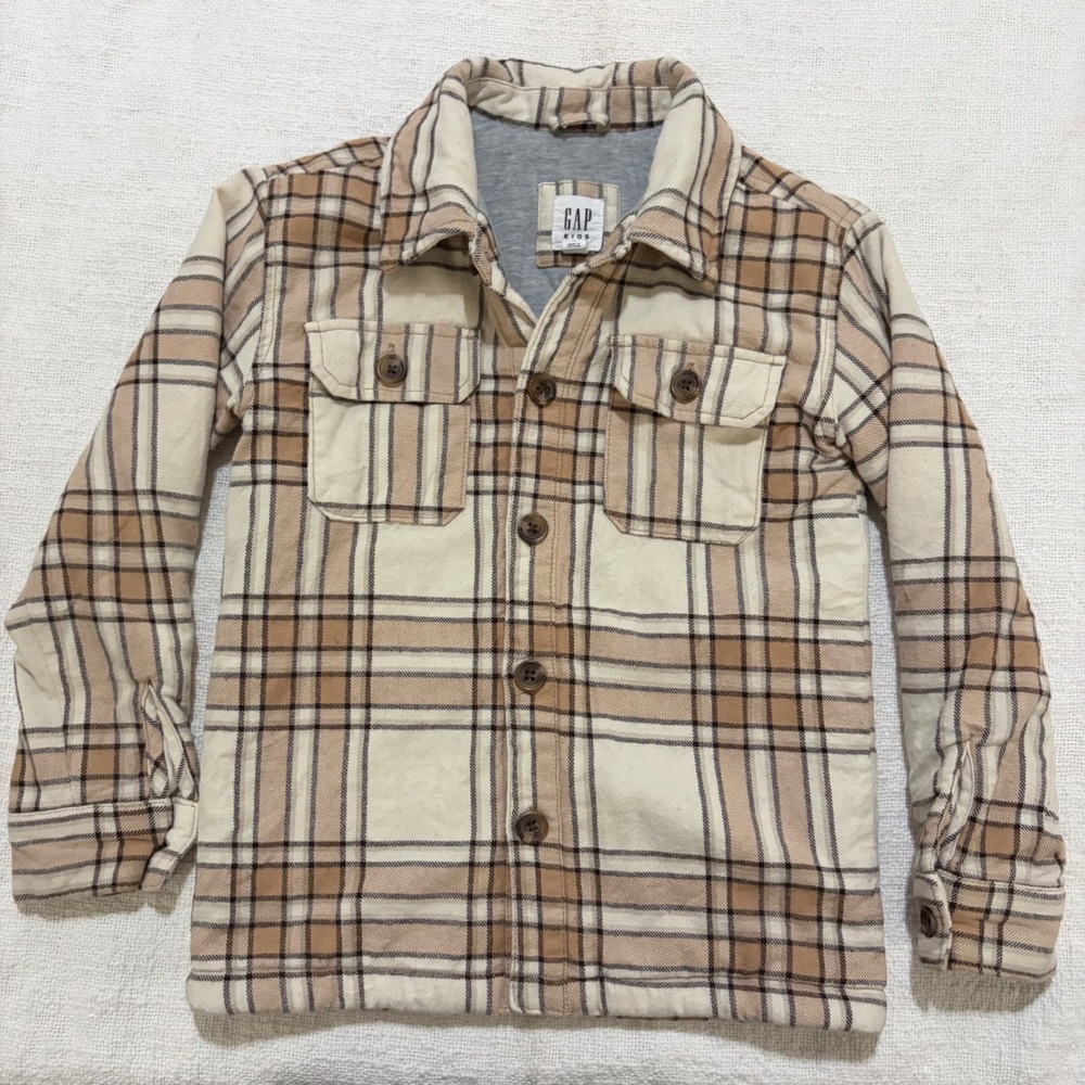 Gap Kids Tan Plaid Lined Flannel Shirt Jacket Boys Small S 6-7 Brown Check